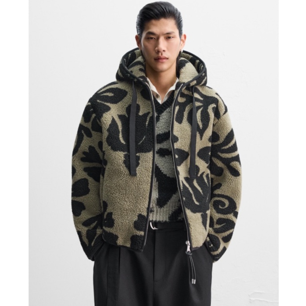 ZARA × NANUSHKA Jacquard Faux Shearling Jacket Beige Black Hood Floral XL